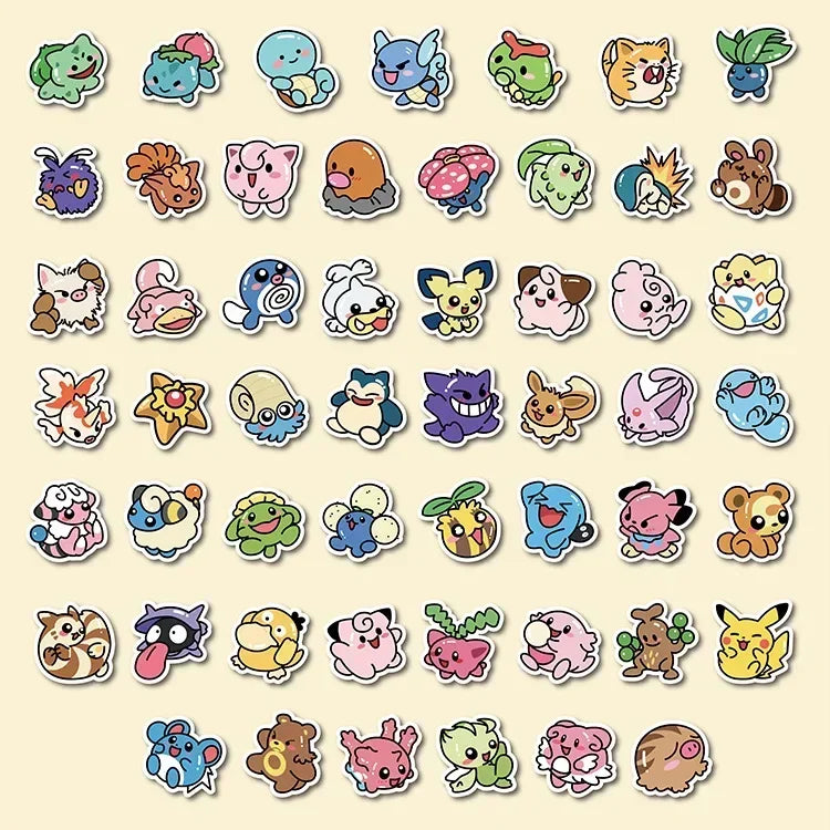 50PCS Kawaii Pokemon Anime Stickers - Pikachu Cartoon Decals for Laptop Luggage Phone Skateboard DIY Kids Gift