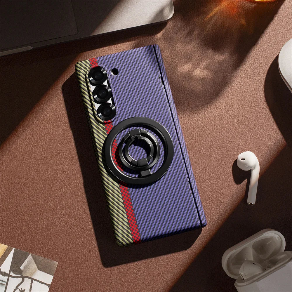 Carbon Fiber Magnetic Phone Case - Slim Shockproof Cover with Ring Holder Kickstand for Samsung Galaxy Z Fold 7/6/5/4/3 5G