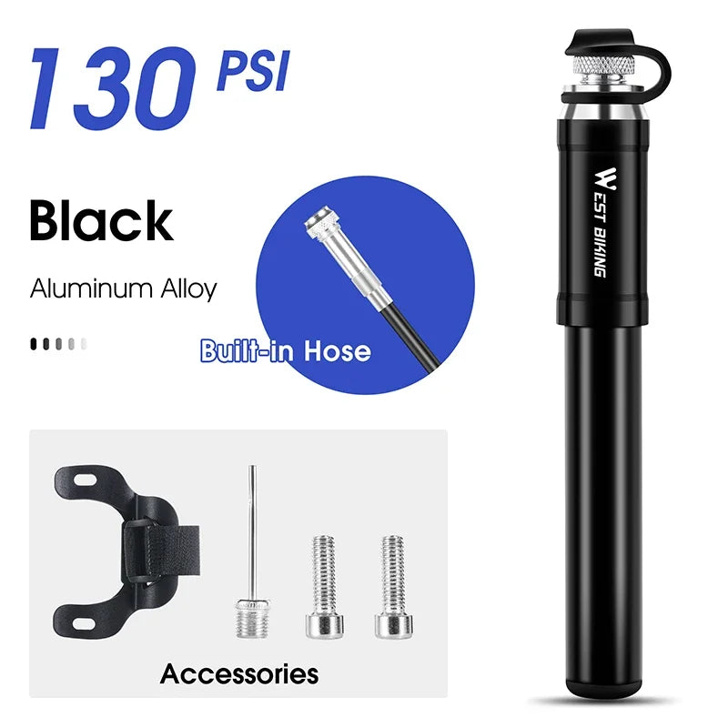 WEST BIKING 130PSI Mini Bike Pump β Portable Aluminum Alloy Hand Air Pump for MTB & Road Cycling, Drop-Proof & Ultralight