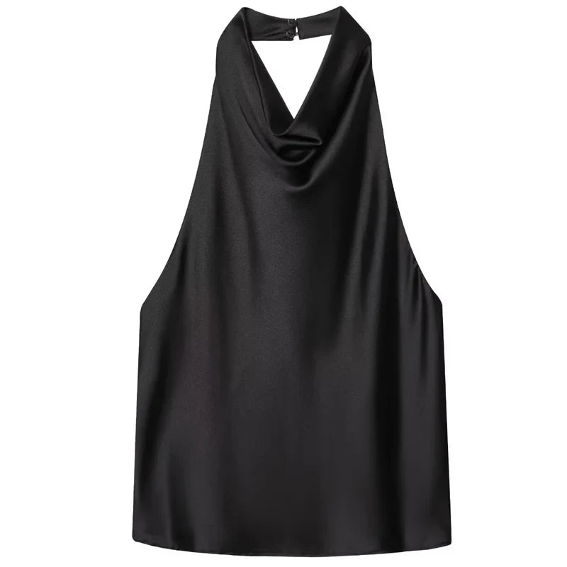 HXAO Women’s Satin Halter Top – Summer 2025 Black & Yellow Crop Tank, Off-Shoulder Sleeveless Backless Vest