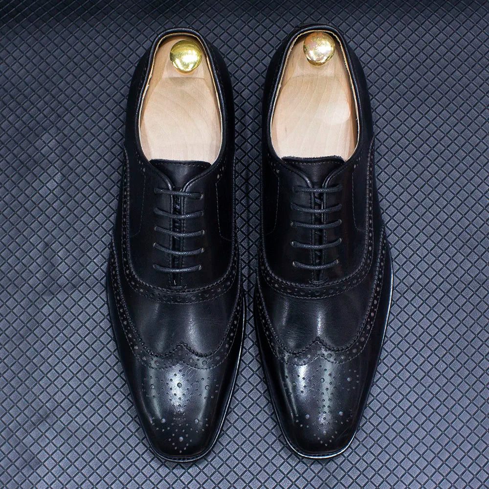 Men's Handmade Wingtip Oxford Shoes - Genuine Calfskin Leather Brogue Dress Shoes