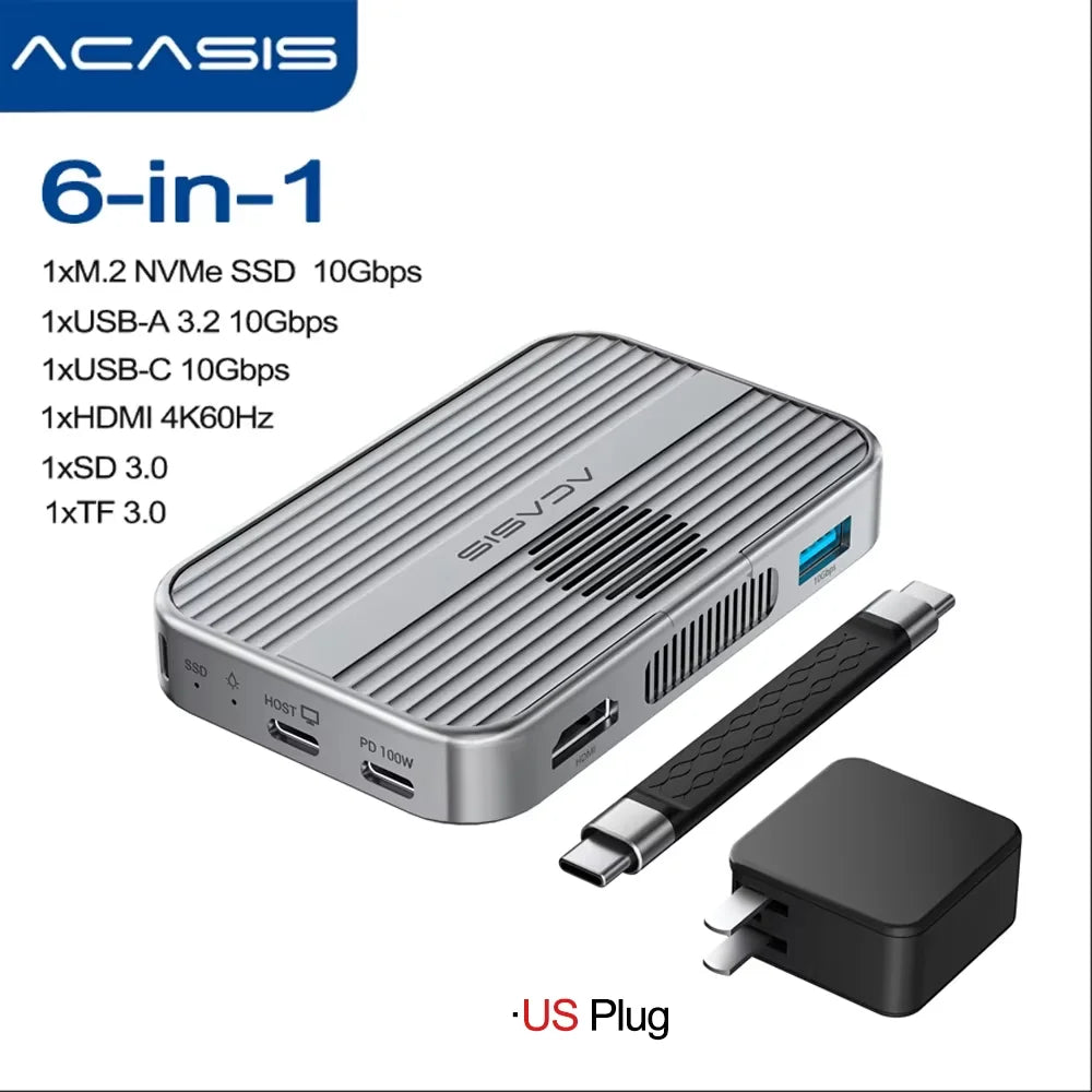 Acasis Magnetic M.2 NVMe SSD Enclosure - 10Gbps USB-C Docking Station with HDMI 4K60Hz, SD/TF & PD 100W Support