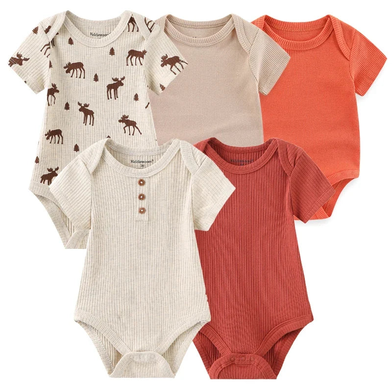 5PCS Newborn Baby Bodysuit Set - Soft Cotton Unisex Baby Clothes with Cartoon Print for Boys & Girls