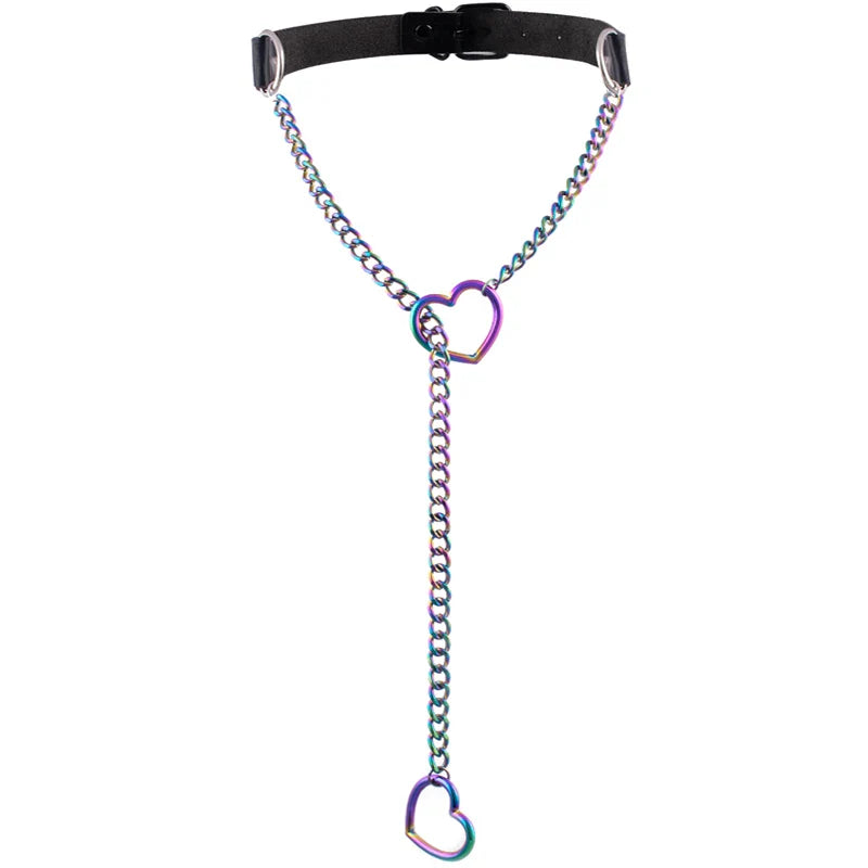 Heart Slip Chain Necklace – Black Leather Gothic Choker for Women, Punk & Goth Jewelry