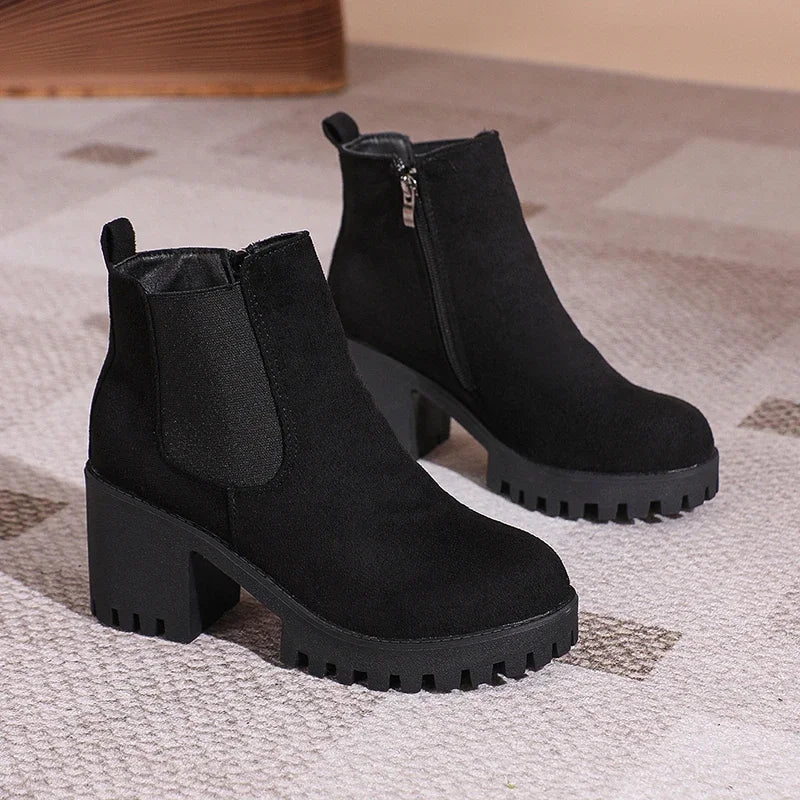 Women’s 2024 Designer Platform Ankle Boots – Elegant Round Toe Zipper Short Boots for Autumn Winter