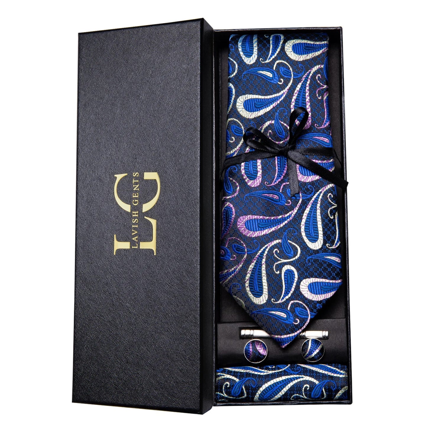 Hi-Tie Luxury Paisley Teal Green Tie Set - Men’s Classic Necktie with Handkerchief & Cufflinks Gift Box for Wedding & Formal Wear
