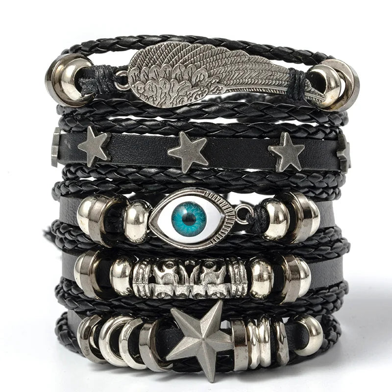 6PCS Black Punk Bracelet Set โ Skull & Star Shaped Alloy with PU Leather