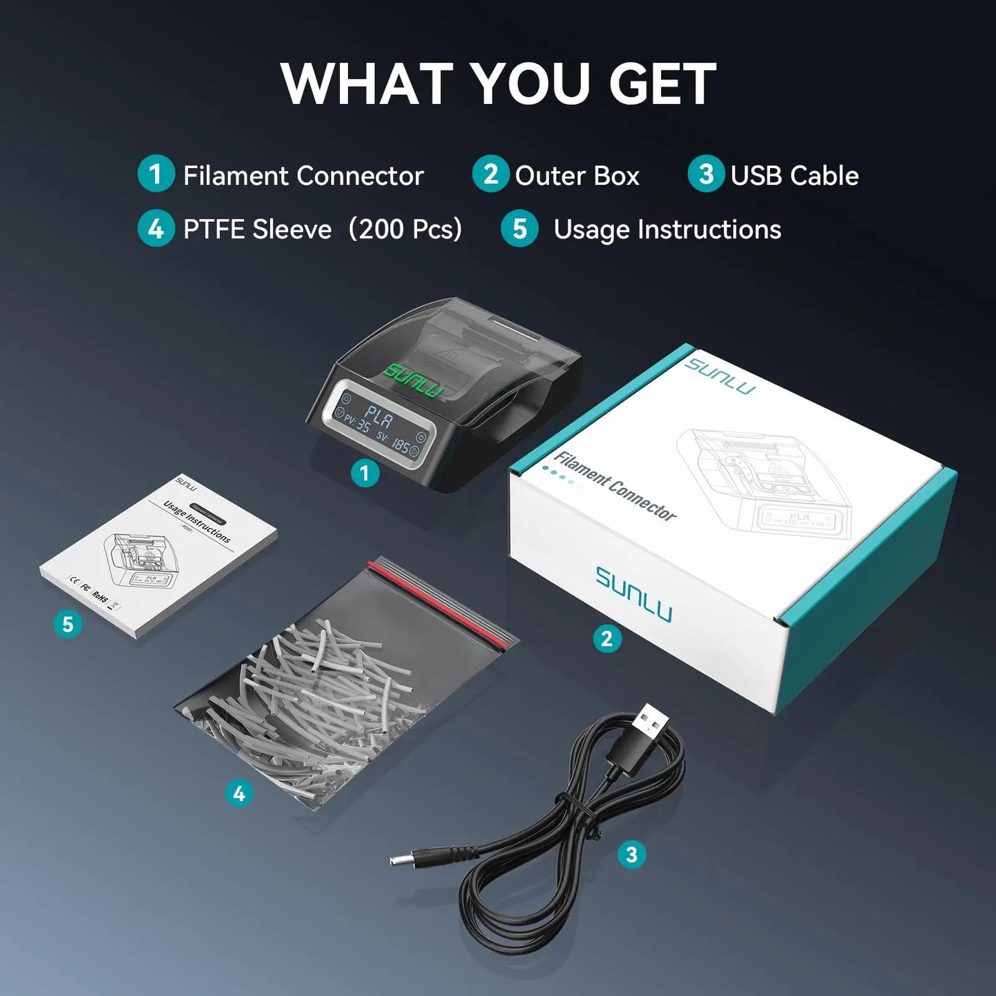 SUNLU 1.75mm Filament Connector β Fast Welding Splicer for PLA/PETG/TPU/ABS/Nylon, 200Pcs PTFE Sleeve