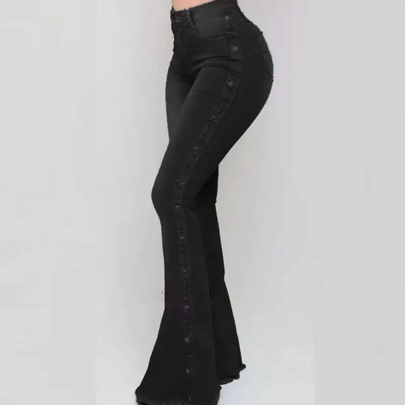High Waist Stretch Flare Jeans - Vintage Button Front Floor Length Women's Denim Pants