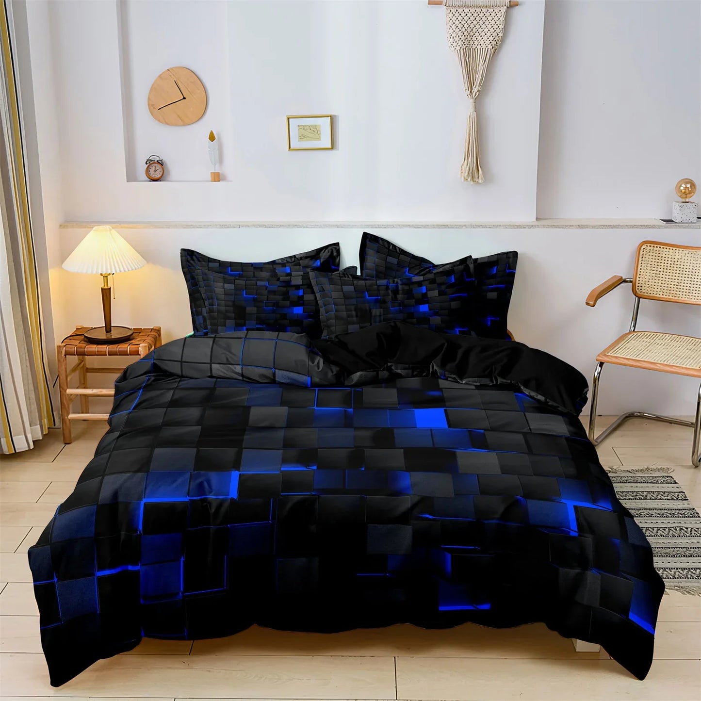 3PCS Geometric Grid Duvet Cover Set - Soft Plaid Bedding with 2 Pillowcases