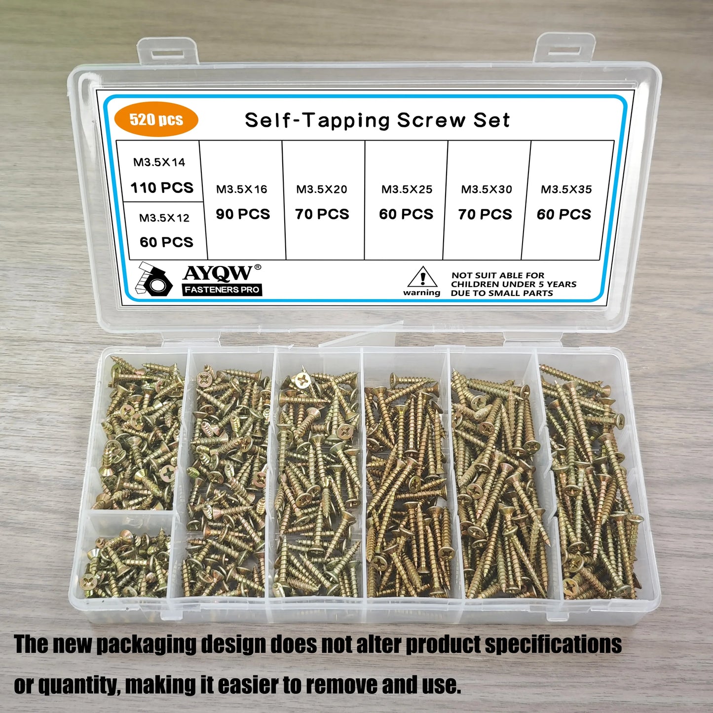 520-Piece Countersunk Self-Tapping Screws Set - M3.5 Colorful Phillips Head Screws for Home, Furniture & Industrial Use