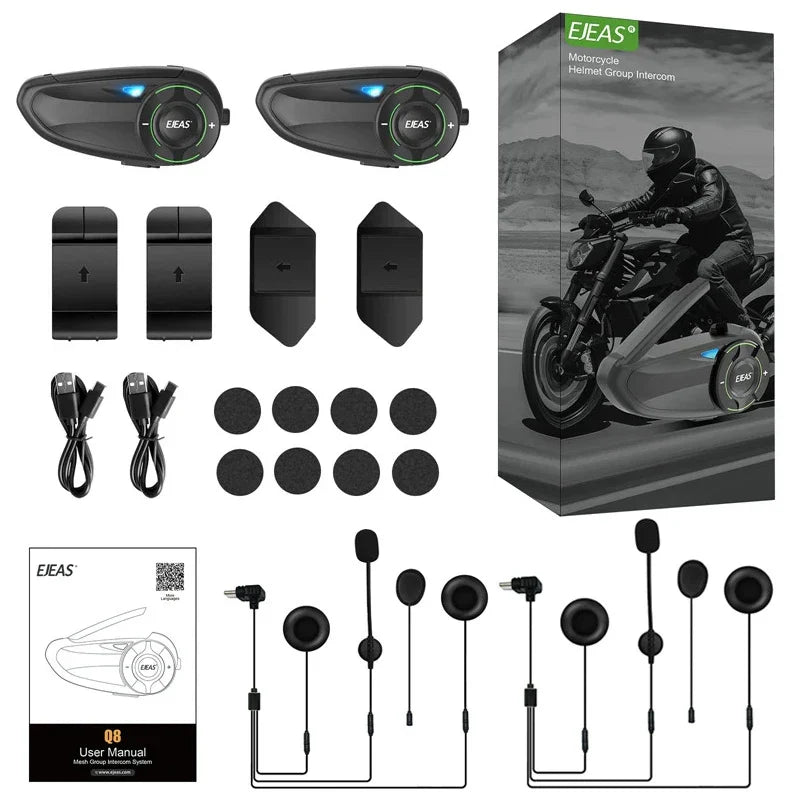 EJEAS Q8 Motorcycle Mesh Intercom – Bluetooth 5.1 Headset with EUC Remote Walkie Talkie for 6 Riders