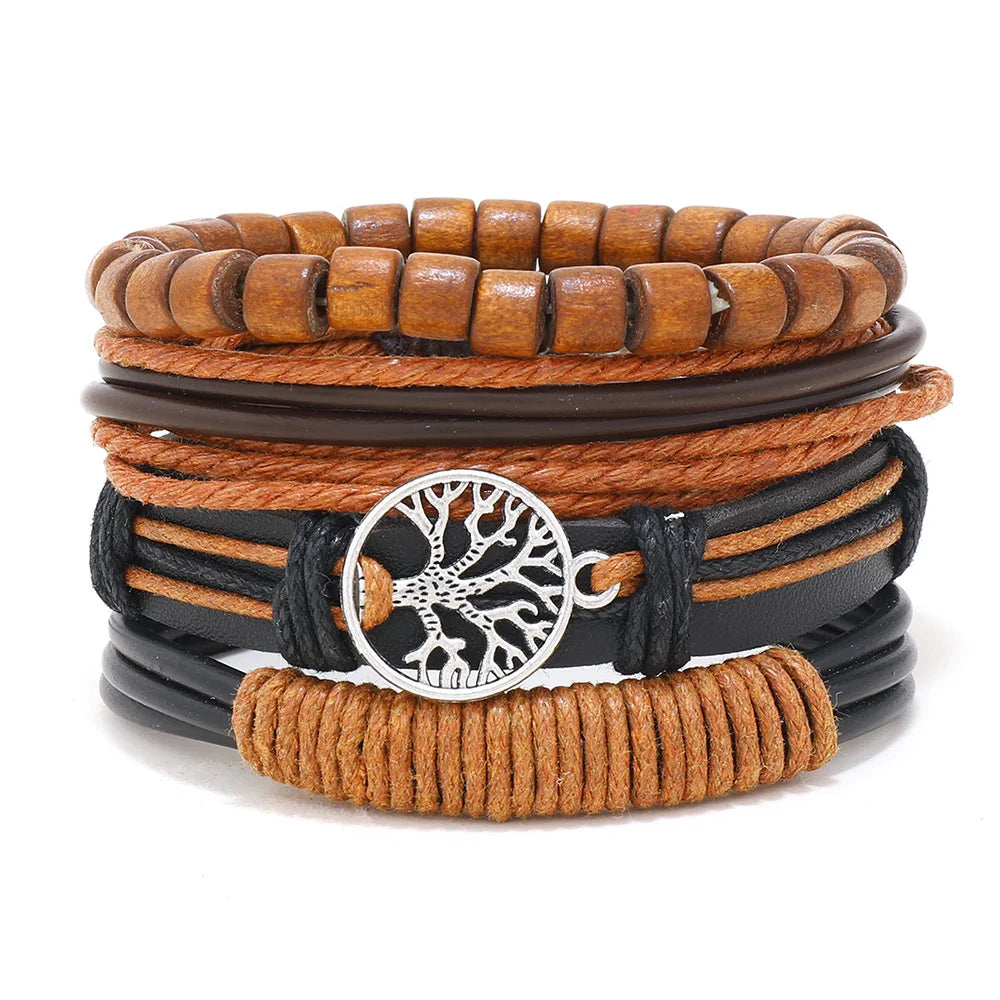 4Pcs Men's Braided Leather Bracelets Set β Vintage Life Tree & Rudder Charms, Wood Beads, Ethnic Tribal Wristbands