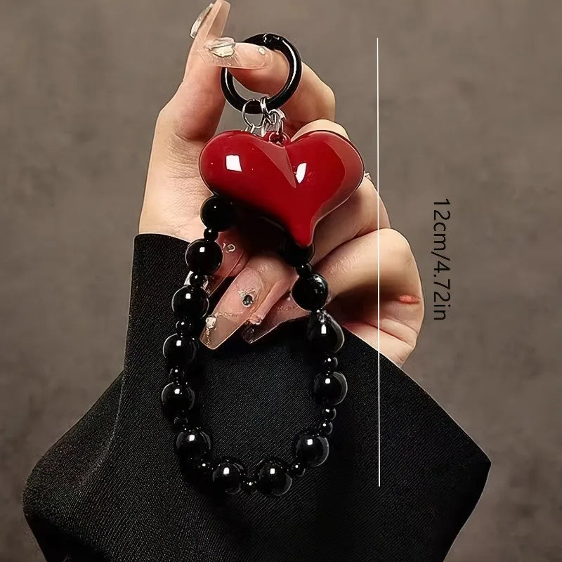 Red 3D Love Heart Beaded Phone Strap - Handmade Phone Charm Lanyard & Mobile Jewelry Gift