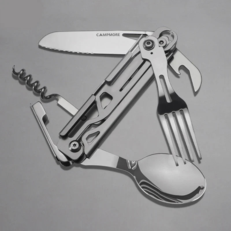 Outdoor Multi-Function Portable Tableware - Foldable Cutlery Set with Knife, Fork, Spoon, and Bottle Opener for Camping