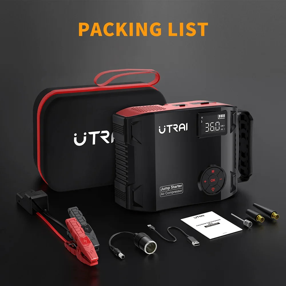 UTRAI 4-in-1 Car Jump Starter Power Bank - 2000A Battery Booster with 16000mAh Capacity, 150PSI Air Compressor Tire Inflator & Portable Charger