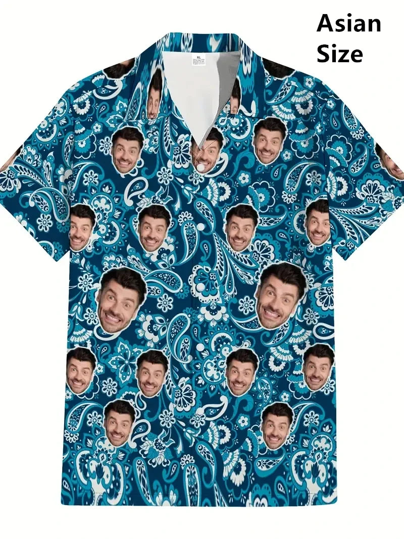 Men’s Custom Face Print Hawaiian Shirt - 3D Beer Design Vintage Y2K Short Sleeve Beach Top