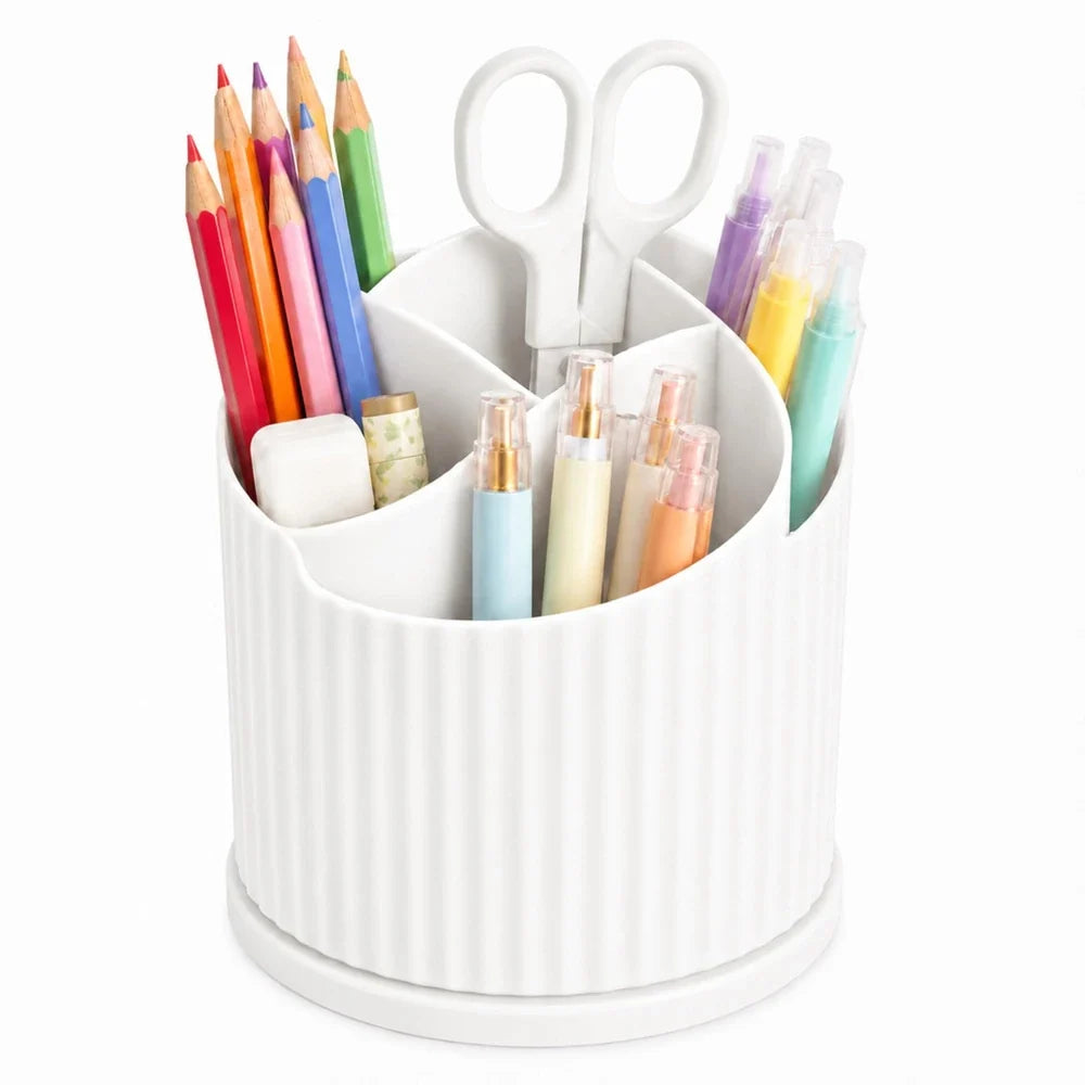 360° Rotating Pen Holder Organizer - 5 Compartment Candy Color Desk Storage Box for Kids, School & Office