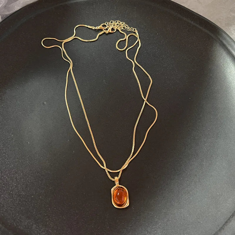 Vintage Natural Stone Pendant Necklace - Brown Geometric Long Leather Rope Chain Jewelry Gift for Women