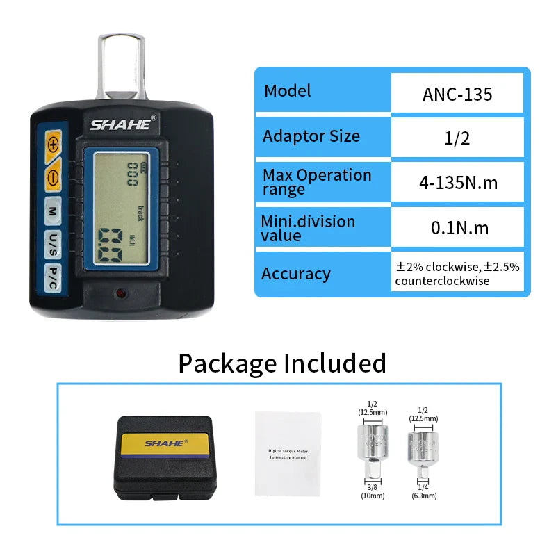 SHAHE Digital Torque Adapter 1/2" Drive with 3/8" & 1/4" Adapters - Electronic Torque Wrench for Car & Bike Repair
