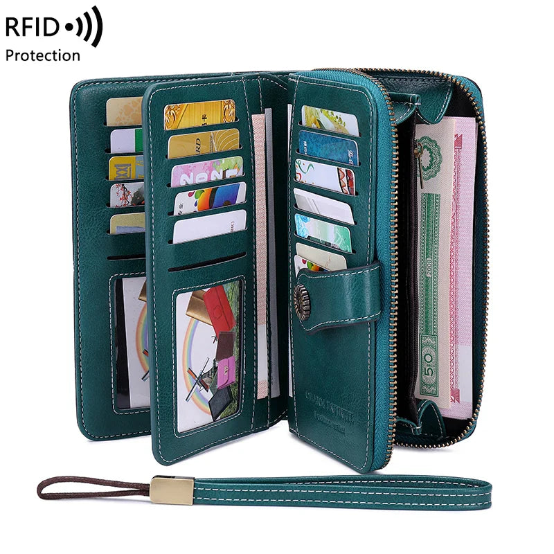 RFID Anti-Theft Retro Large Capacity Women's Wallet – Multi-Card Zipper Wallet with Wrist Strap