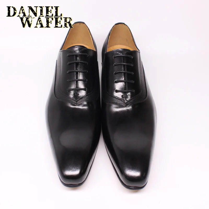 Luxury Men’s Genuine Leather Oxford Shoes - Handmade Pointed Toe Lace-Up Wedding & Formal Dress Shoes