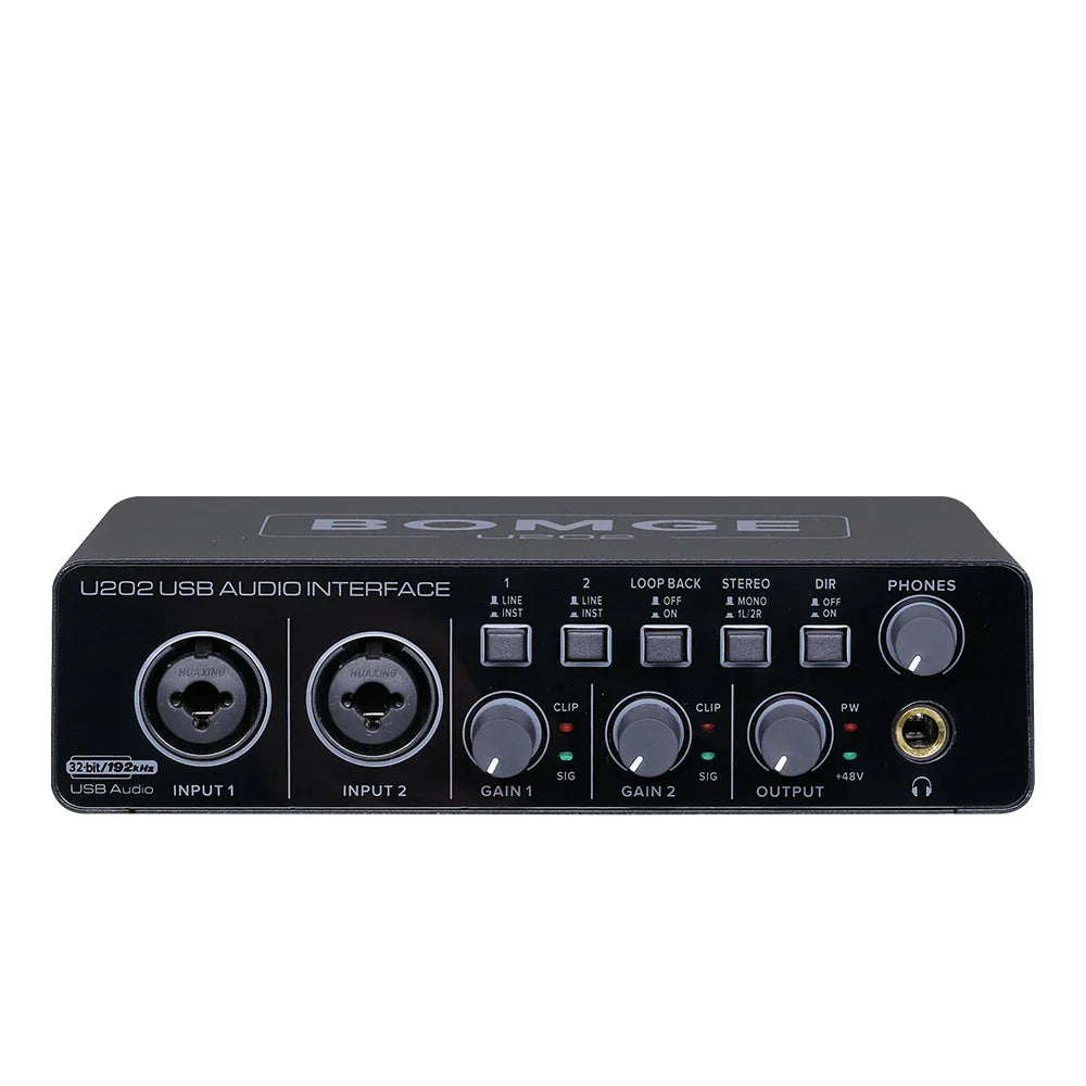 BOMGE U202 USB Audio Interface – Mic Preamplifier with XLR/TS/TRS Ports, 48V Phantom Power, 32-Bit/192kHz for Computer Recording & Streaming
