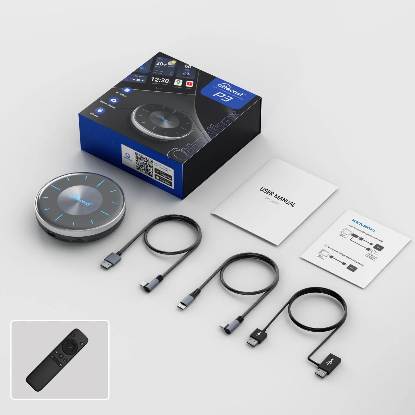 OTTOCAST P3 Android AI Box – Wireless CarPlay & Android Auto with HDMI Output, Built-in GPS, YouTube & Netflix for Car