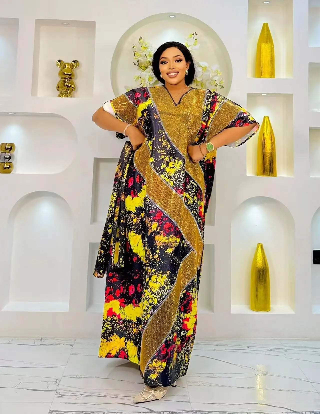 Women's African Ankara Maxi Dress - Loose Summer Long Print Short Sleeve