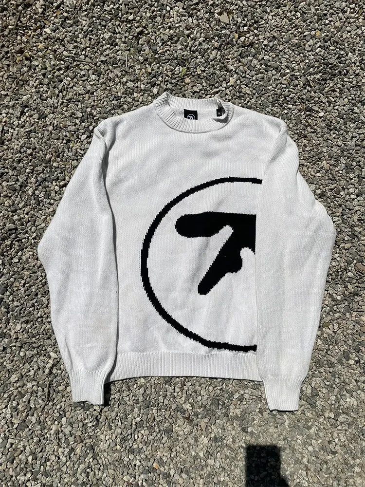 Men's Y2K Graphic Knit Sweater - Oversized Gothic Long Sleeve Winter Pullover Vintage Streetwear Top
