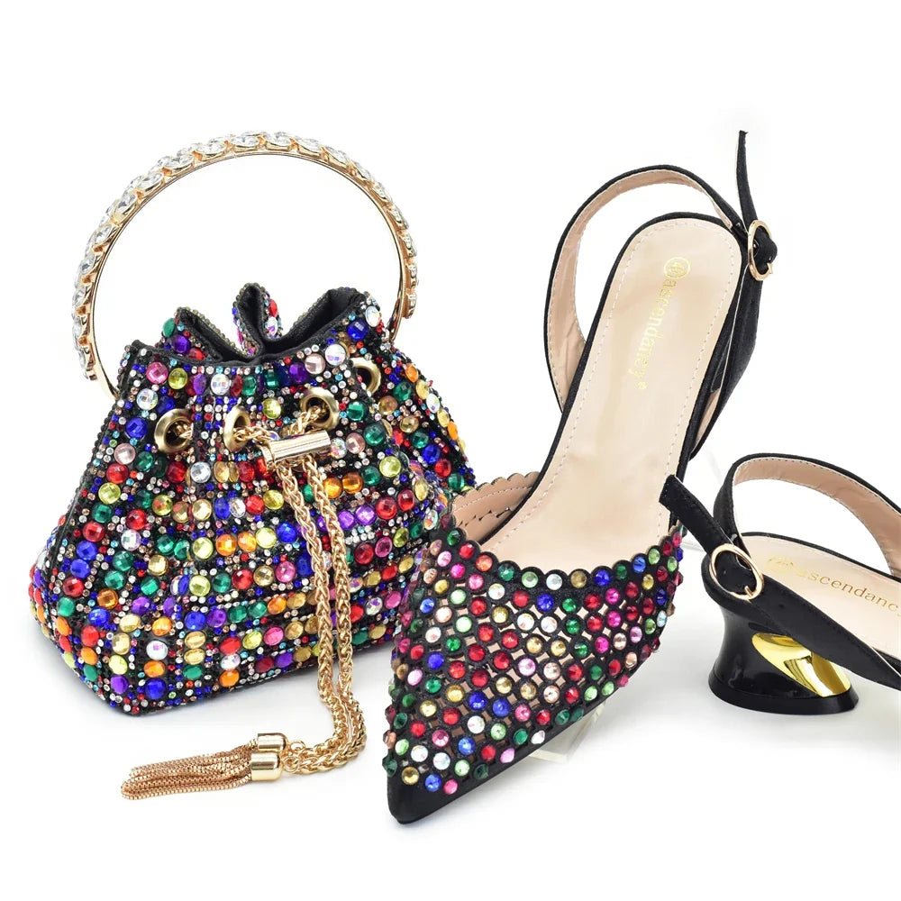 Women’s Gold Rhinestone Shoe & Bag Set - Elegant Wedding & Party Fashion Accessories