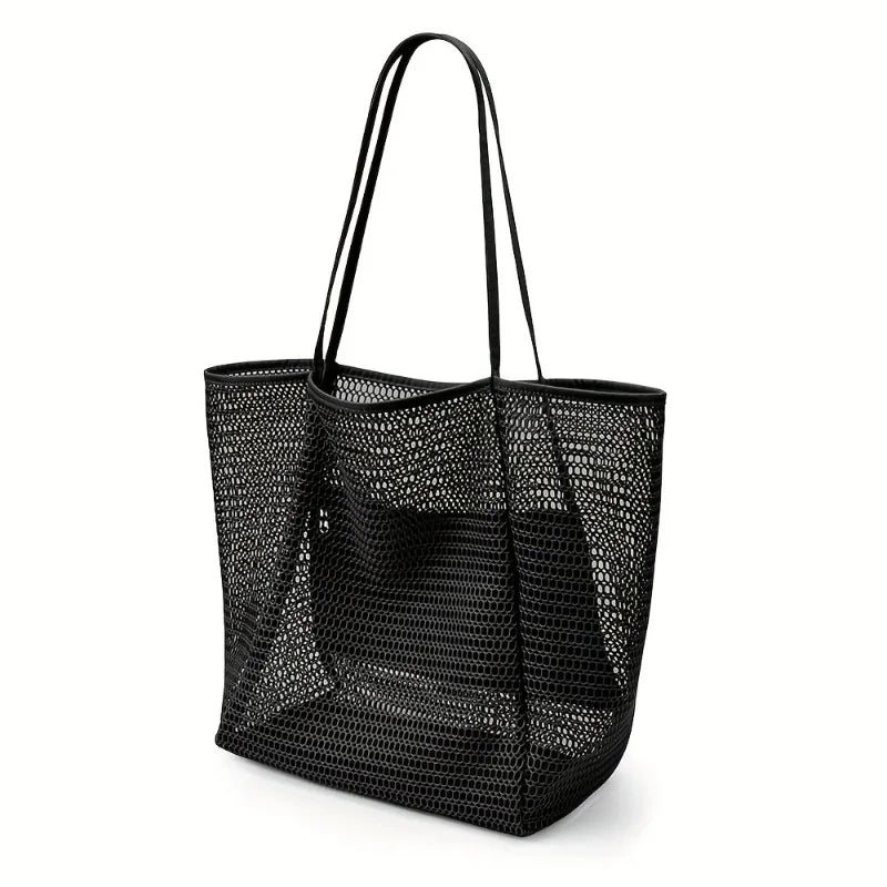 Women's Large Capacity Beach Tote Bag - Durable Polyester Woven Shoulder Bag for Travel & Shopping