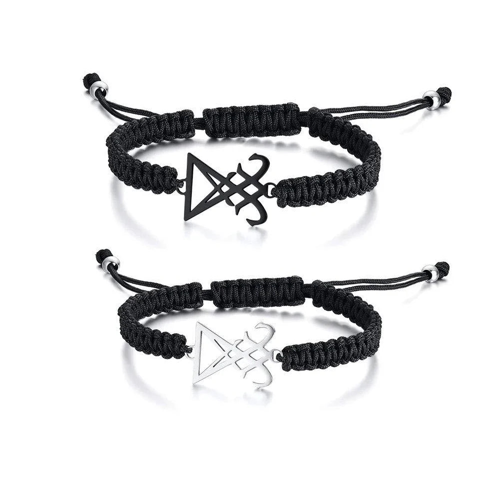 Leviathan Cross Woven Bracelet - Stainless Steel Satanic Style Totem Black Adjustable Knot Wrist Jewelry