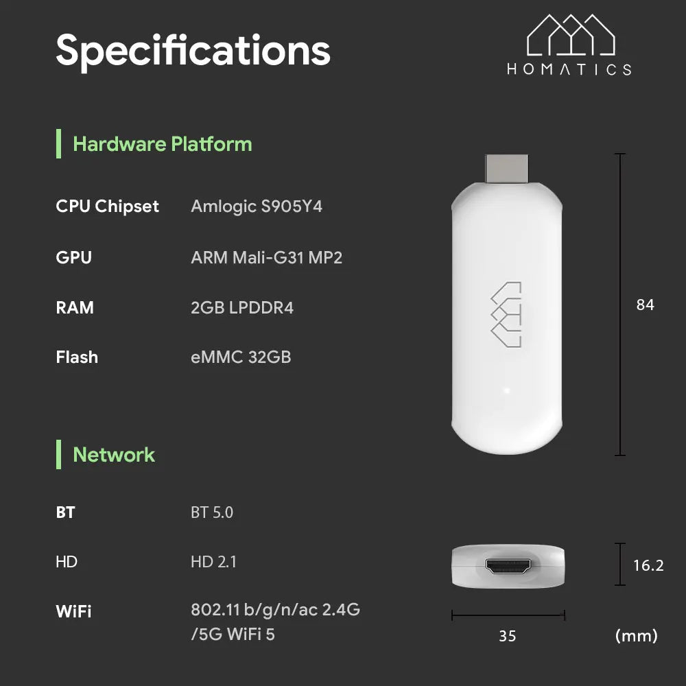 HOMATICS 4K TV Stick β Google Certified, Netflix, 2GB+32GB, Dolby Atmos, Amlogic S905Y4, WiFi Streaming Box