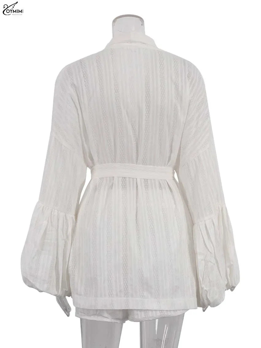 Oymimi Women’s White Cotton Two-Piece Set – Elegant Puff Sleeve Lace-Up Shirt & High-Waisted Shorts