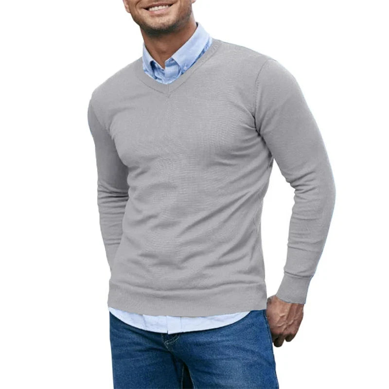 Men's V-Neck Knit Sweater - Soft Lightweight Long Sleeve Slim Fit Casual Pullover Autumn Top