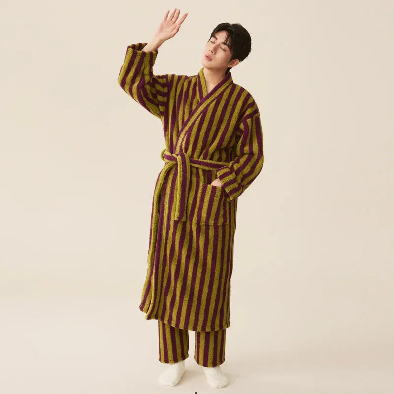 Couple’s Thickened Flannel Pajama Set – Coral Velvet Bathrobe & Striped Pants for Autumn Winter Homewear