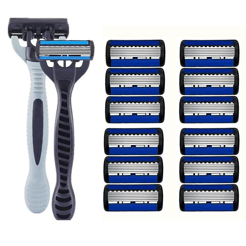 Men’s Manual Safety Razor – 6-Layer Stainless Steel Hair Removal Knife with Replaceable Heads and Razor Tools