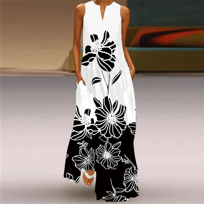 Vintage Boho Maxi Dress - Women's Summer V Neck Sleeveless Long Sundress with Pockets