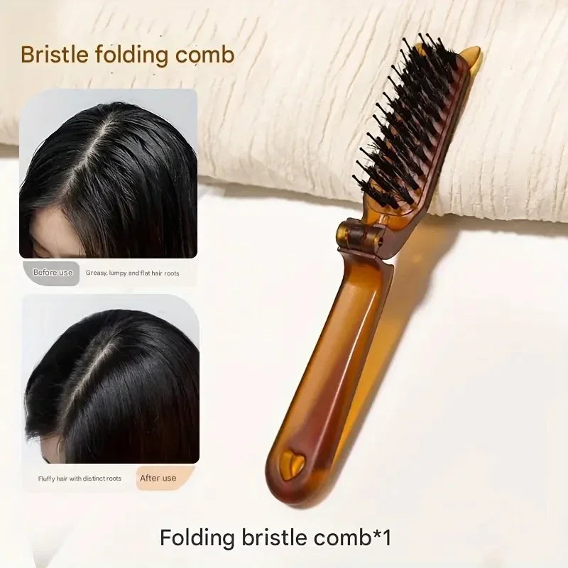 Foldable Boar Bristle Hair Comb - Portable Scalp Massager Travel Hair Brush & Styling Accessory