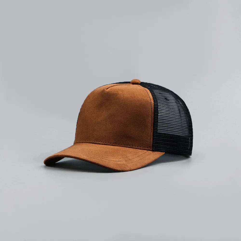 Custom Logo Suede Five Panel Cap - Leather Label Mesh Trucker Hat for Men & Women