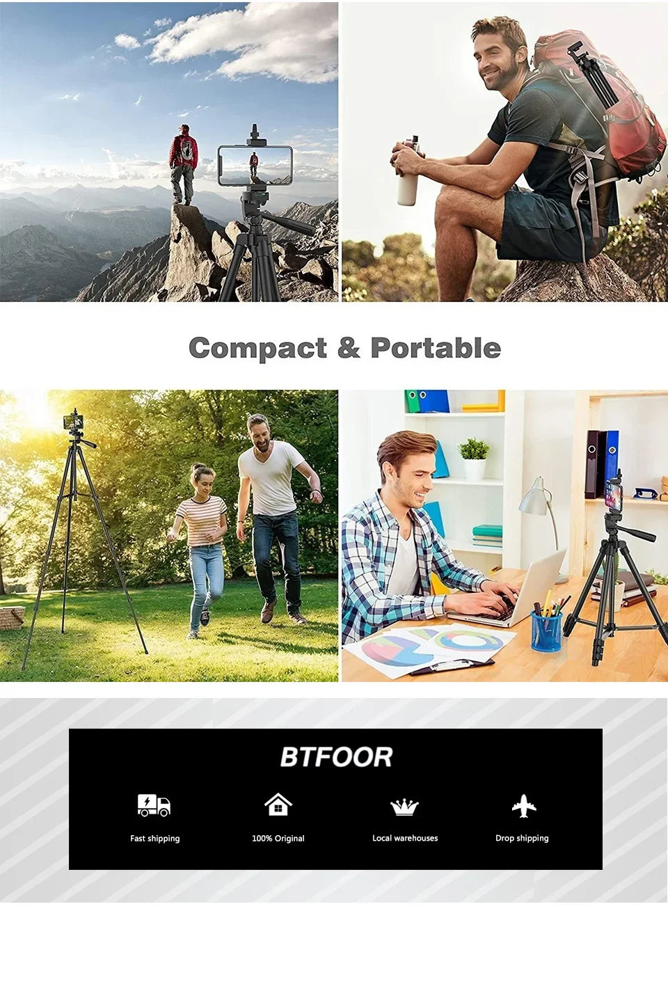 55" Aluminum Phone & Camera Tripod — Travel Self-Stand with Quick Plate Mount & Pan Head for Canon, Nikon DSLR & SLR Cameras