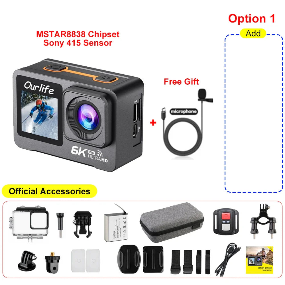 6K 4K60FPS Action Camera β 50MP Dual Screen, 2.0" Touch LCD, EIS, WiFi, 170Β° Lens, 30M Waterproof, 5X Zoom with Remote