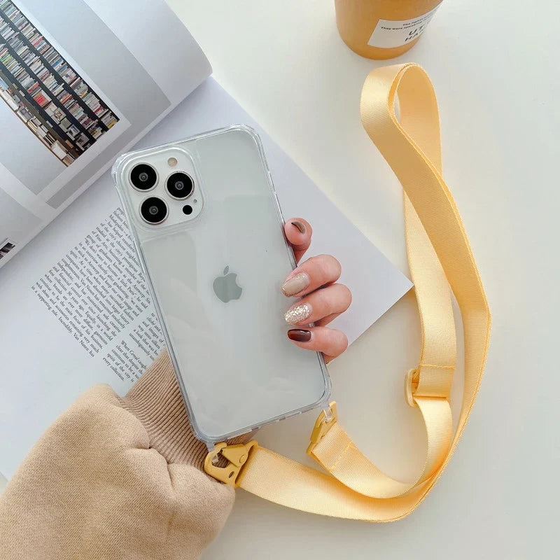 Crossbody Shoulder Strap Phone Case - Transparent Shockproof Cover for iPhone 17 Air, 16, 15, 14, 13 Pro Max & More