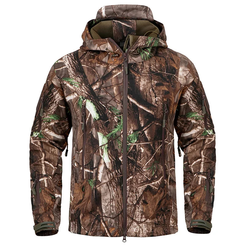 Men’s Camouflage Soft Shell Jacket - Waterproof Warm Fleece Tactical Hunting and Outdoor Hooded Coat
