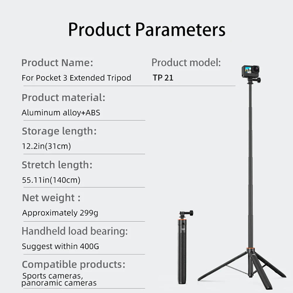 1.38M Selfie Stick Tripod β Adjustable Extension Holder for DJI Action 4, Pocket 3, GoPro, Insta360, DSLR & Phone Photography