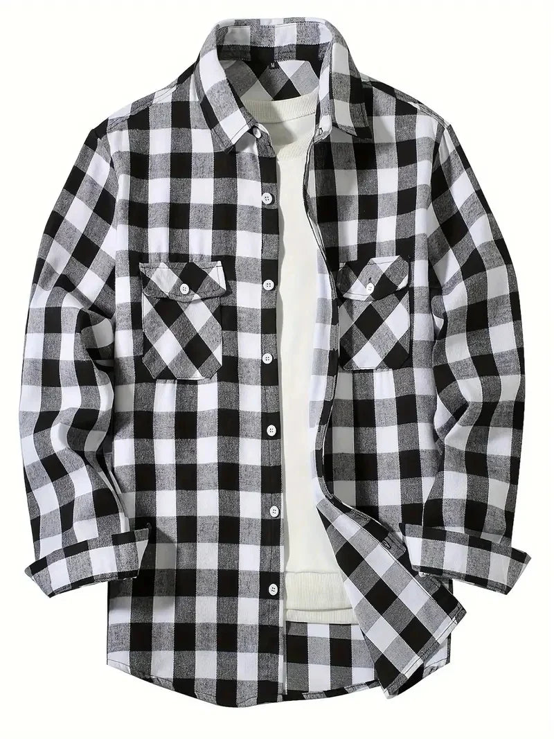 Men’s Brushed Cotton Flannel Shirt - Red Plaid Long Sleeve Business & Casual No-Iron Top