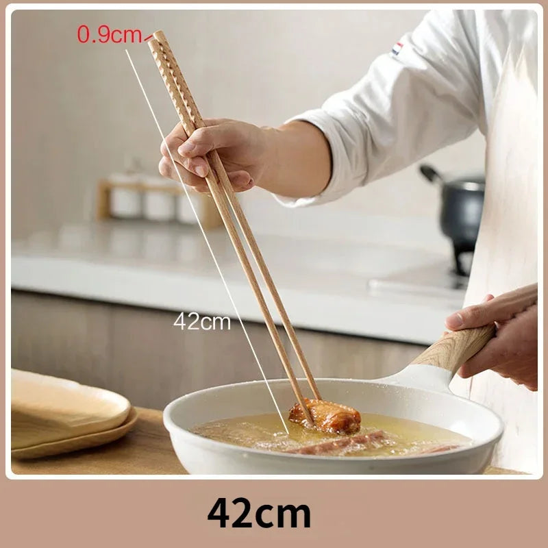 Japanese Extra Long Wooden Chopsticks β Polished Beech Wood, Anti-Slip for Fried Food & Noodles, Kitchen Cooking Tools