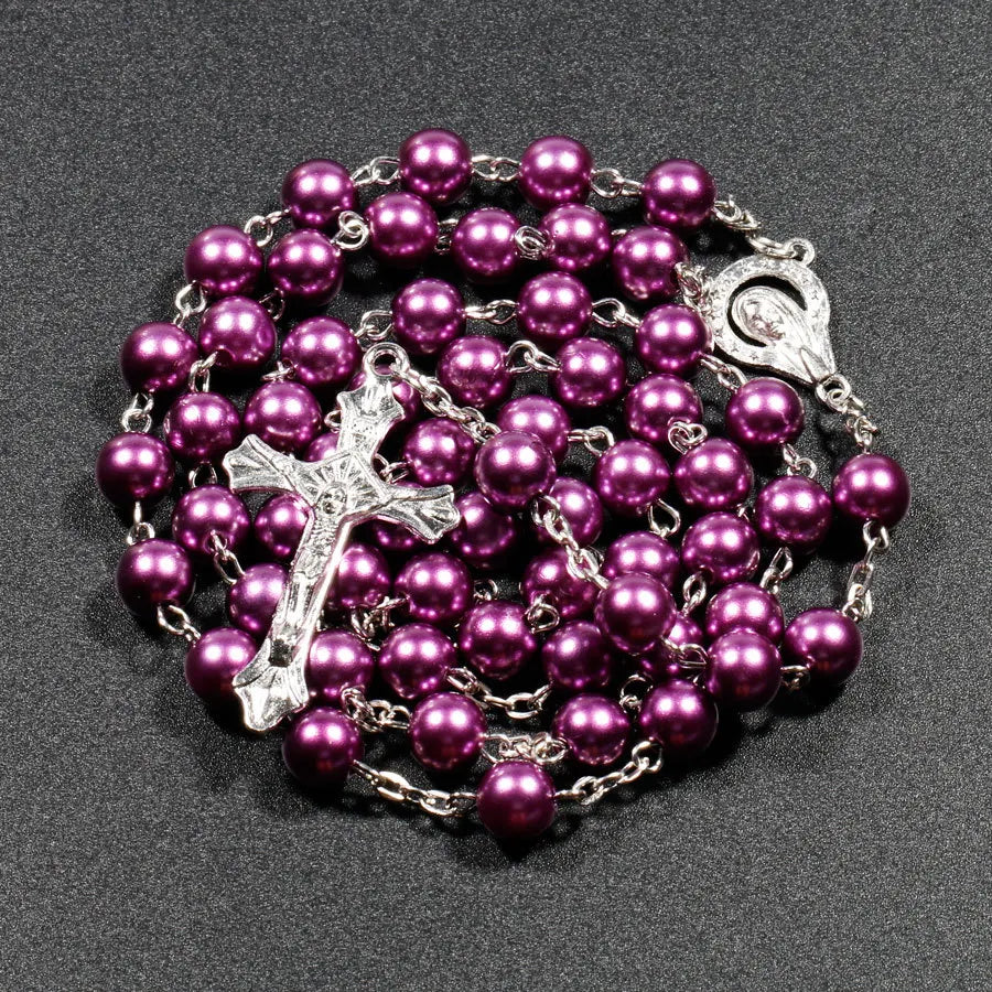 Faux Pearl Rosary Necklace – Virgin Mary & Jesus Cross Pendant Long Bead Chain Religious Fashion Jewelry for Women