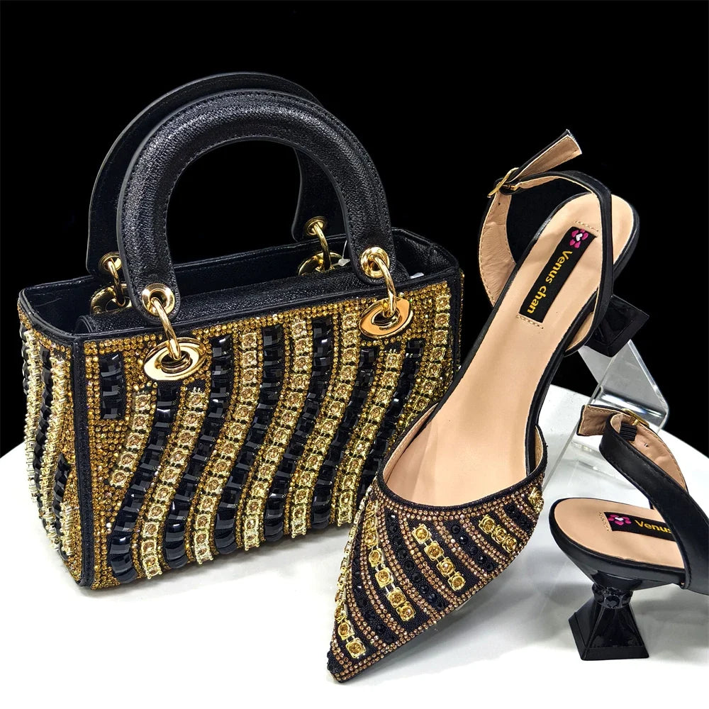 Women’s Fuchsia Rhinestone Shoe & Bag Set - Shiny Italian Style Pointed Toe High Heel Fashion Accessories